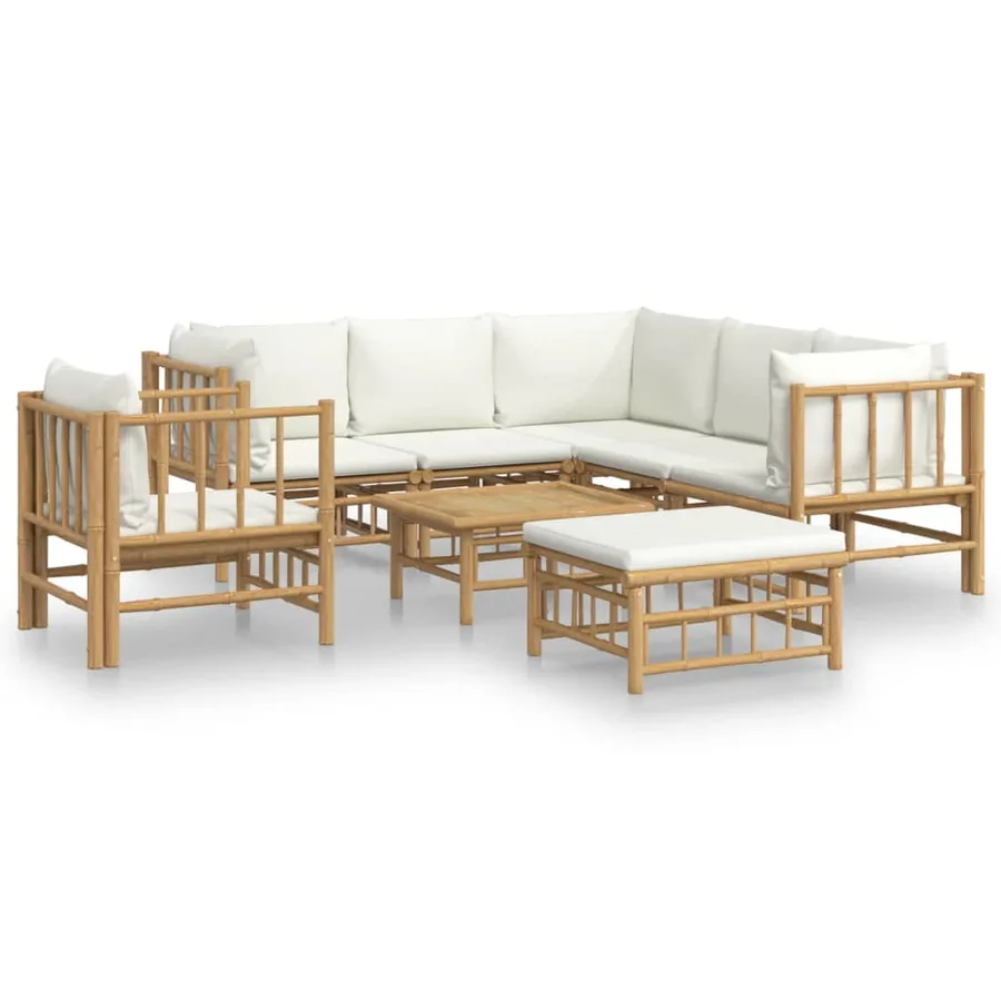 Salon de jardin 8 pcs avec coussins blanc crème bambou - 2