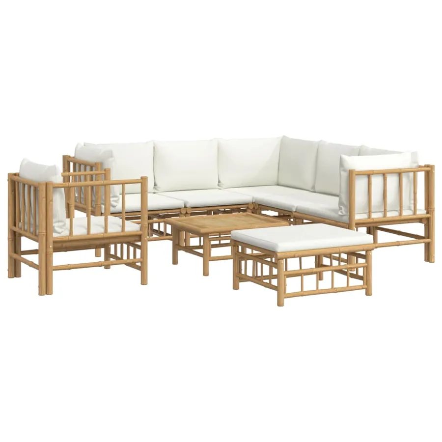 Salon de jardin 8 pcs avec coussins blanc crème bambou - 3
