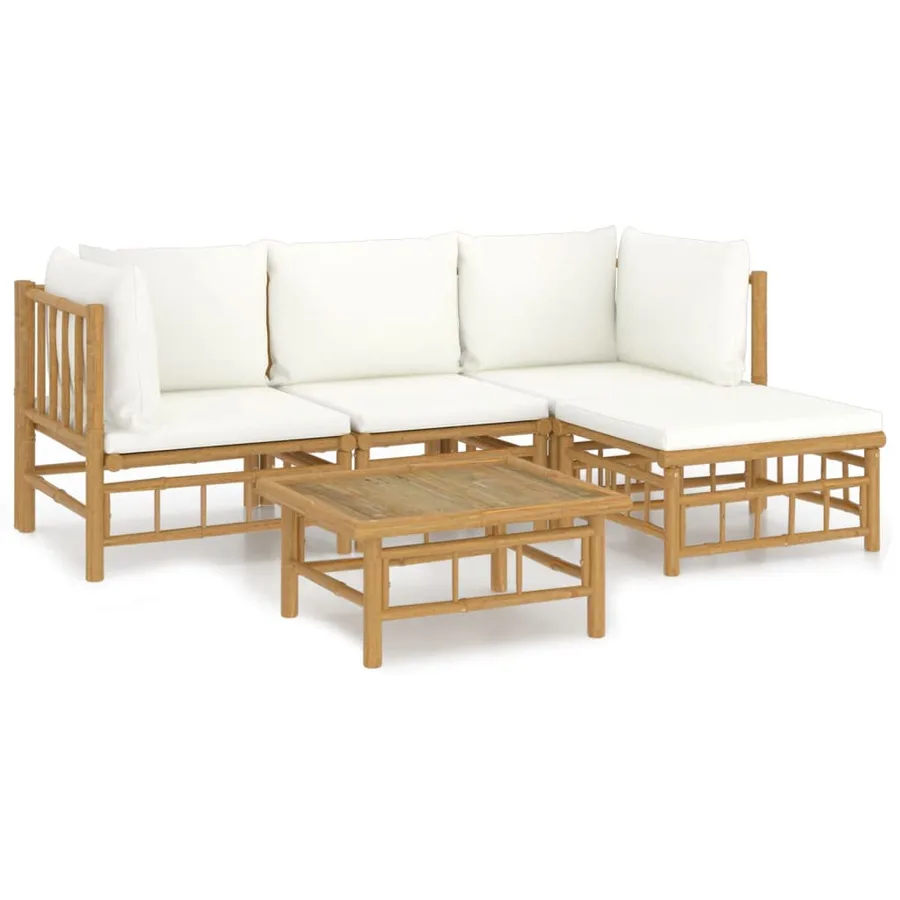 Salon de jardin 5 pcs avec coussins blanc crème bambou - 2