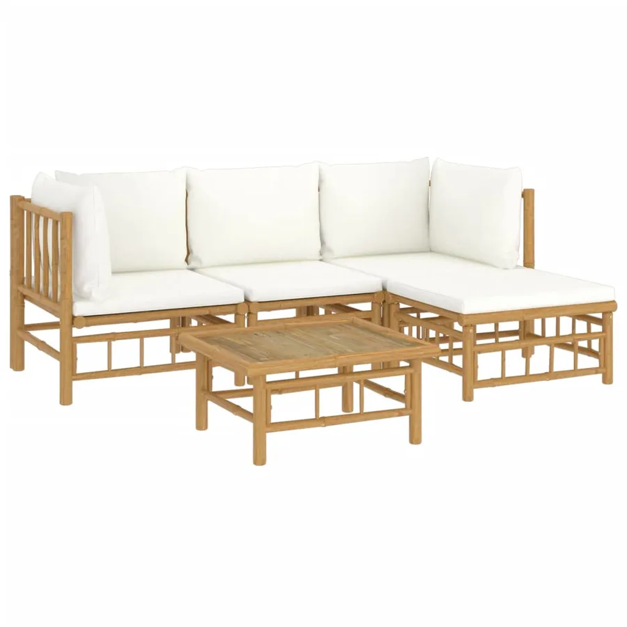 Salon de jardin 5 pcs avec coussins blanc crème bambou - 3