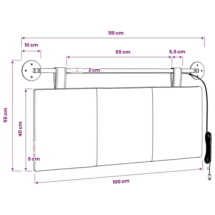 Tête de lit suspendue Avec lumière LED Noir Tissu - 13
