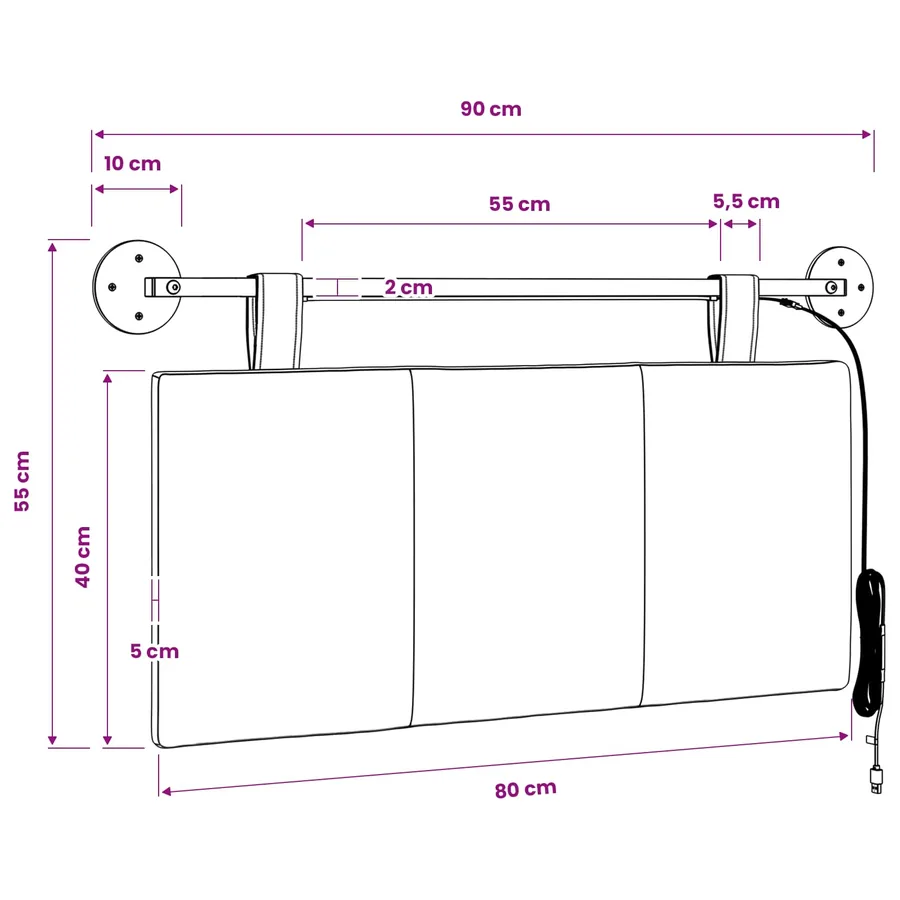 Tête de lit suspendue Avec lumière LED Blanc Tissu - 13