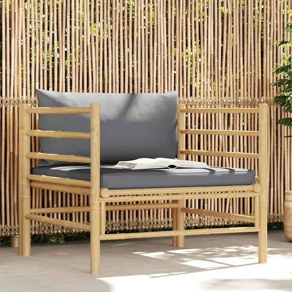 Canapé de jardin avec coussins gris foncé Bambou
