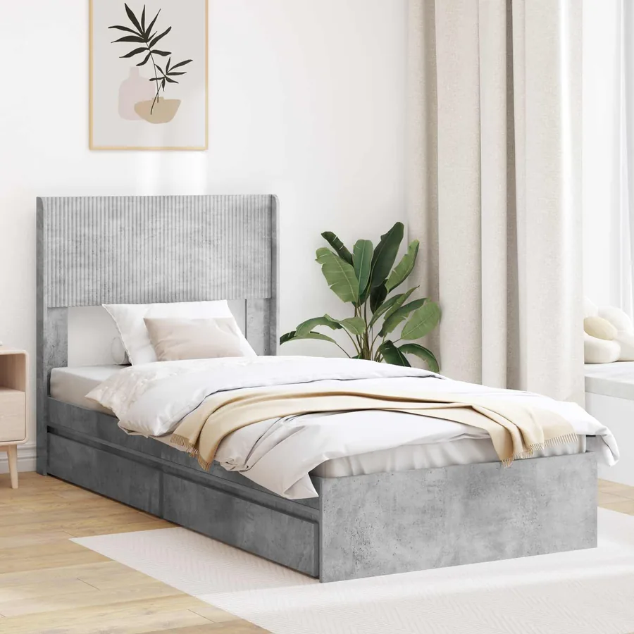 Cadre de lit avec rangement et tête de lit Gris béton