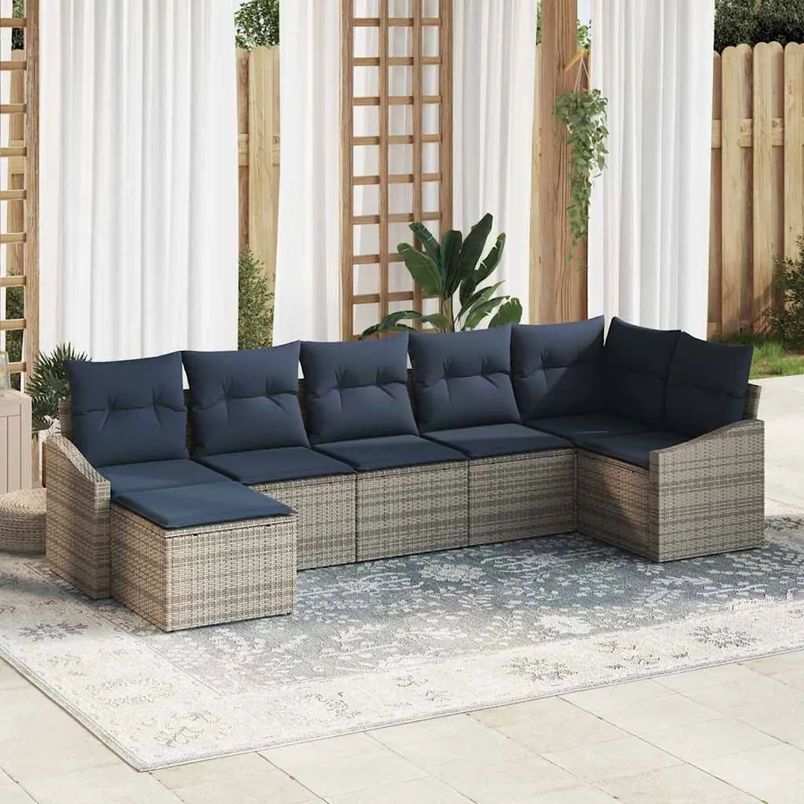 Ensemble de canapé de jardin 7 pcs Gris et marine polyrotin