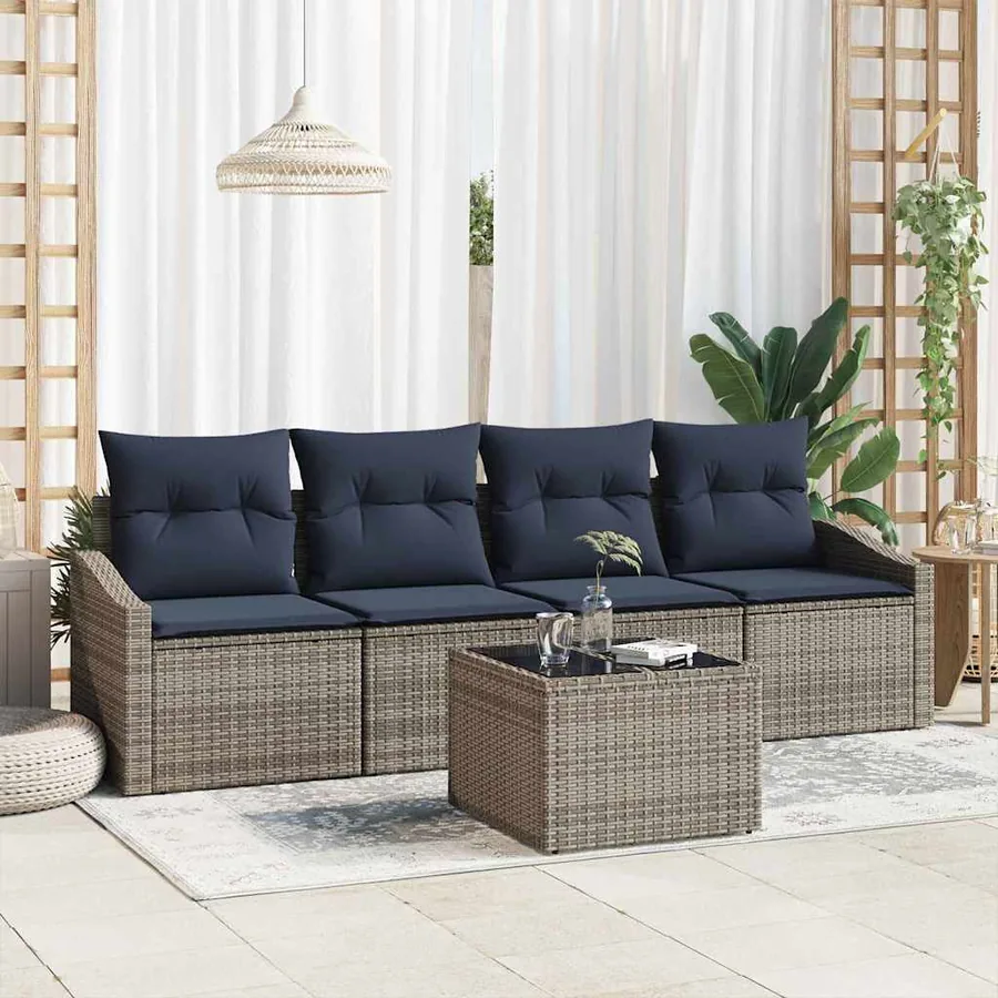 Ensemble de Canapés avec coussin 5 pcs Gris et marine polyrotin