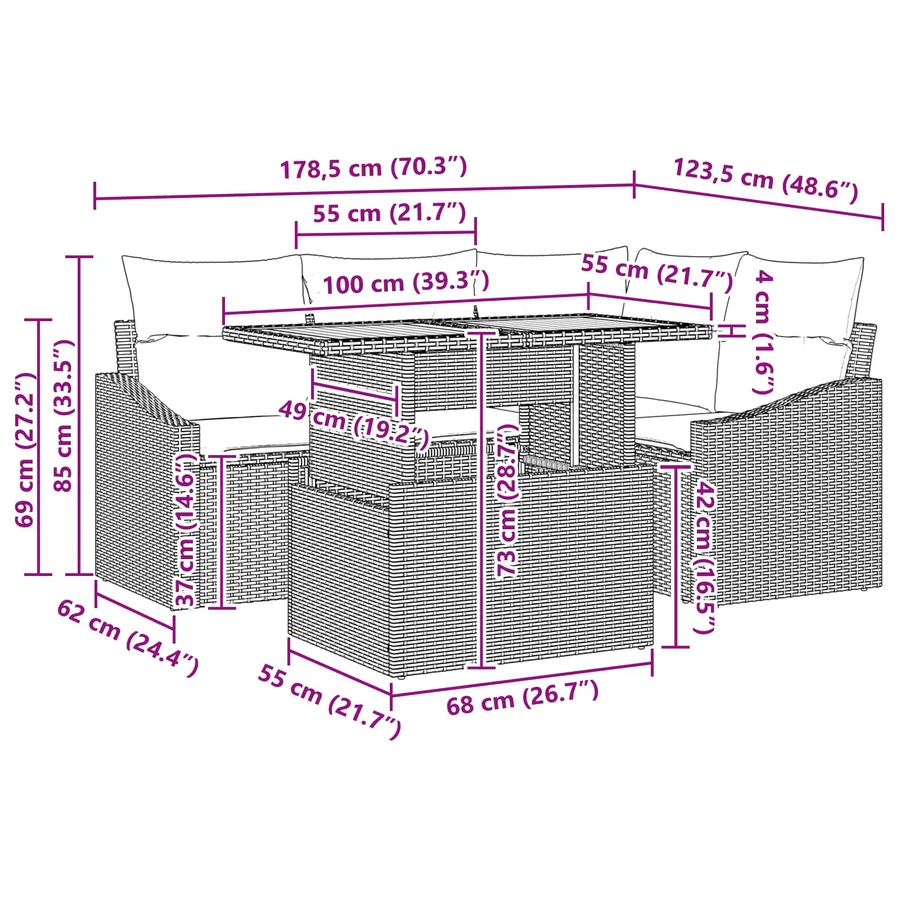 Ensemble de canapé de jardin avec coussin 5 pcs Gris polyrotin - 15