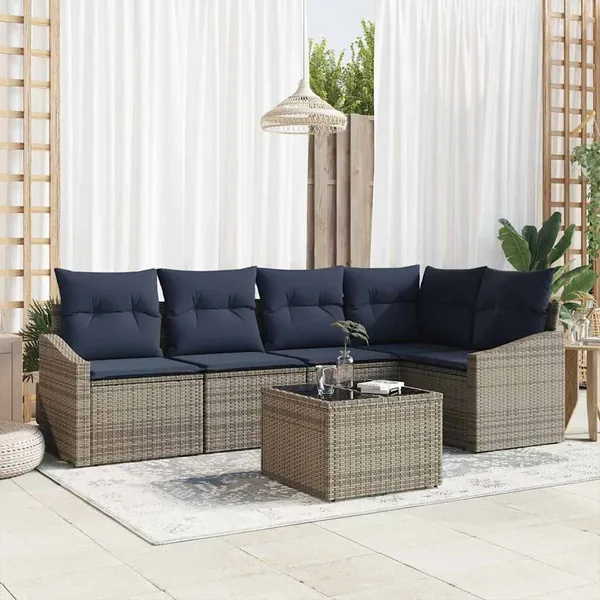 Ensemble de canapé de jardin 6 pcs Gris et marine polyrotin