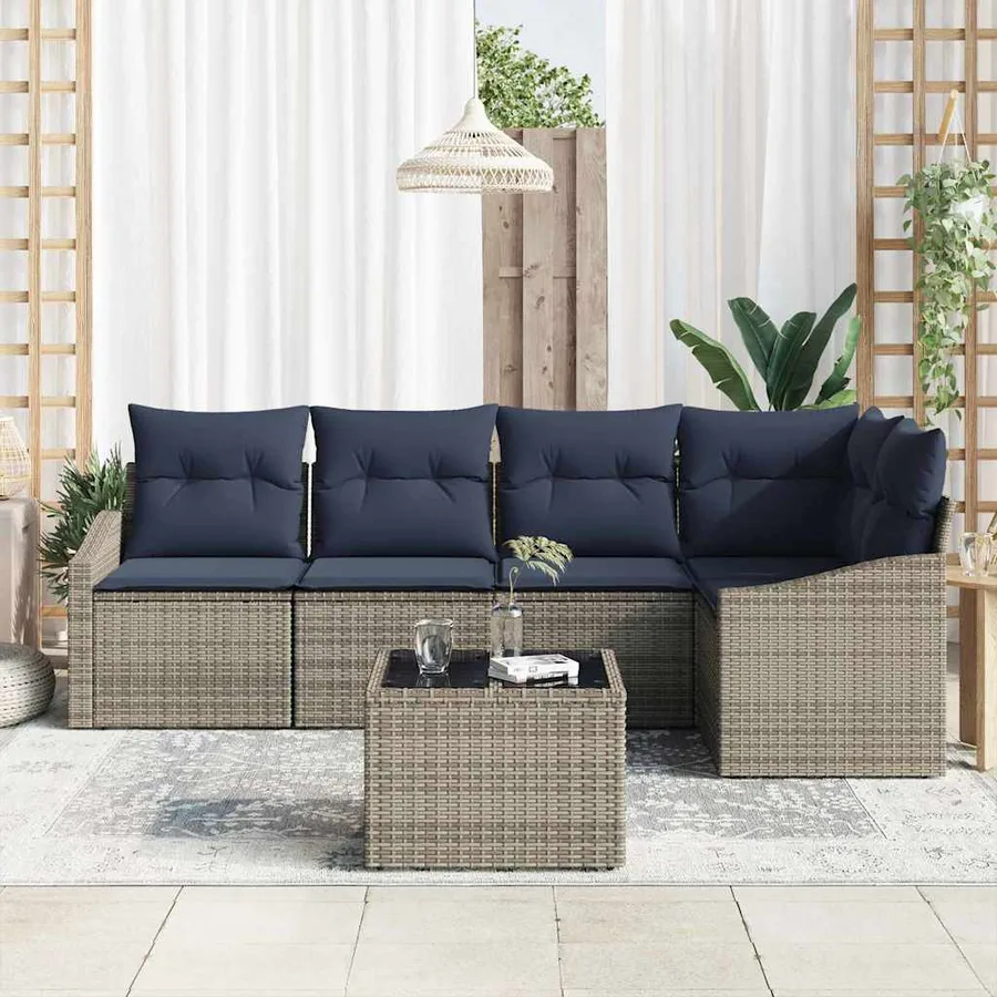 Ensemble de canapé de jardin 6 pcs Gris et marine polyrotin - 3