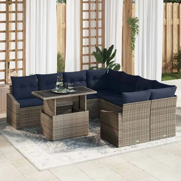 Ensemble de canapé de jardin avec coussin 9 pcs Gris polyrotin