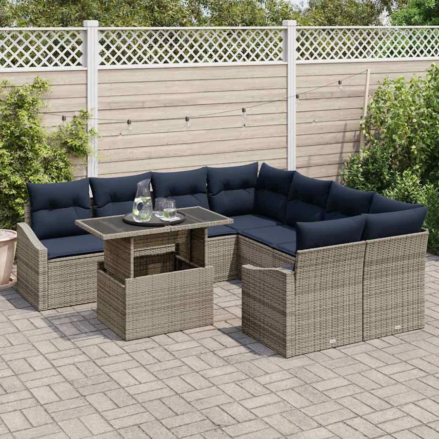 Ensemble de canapé de jardin avec coussin 9 pcs Gris polyrotin - 3