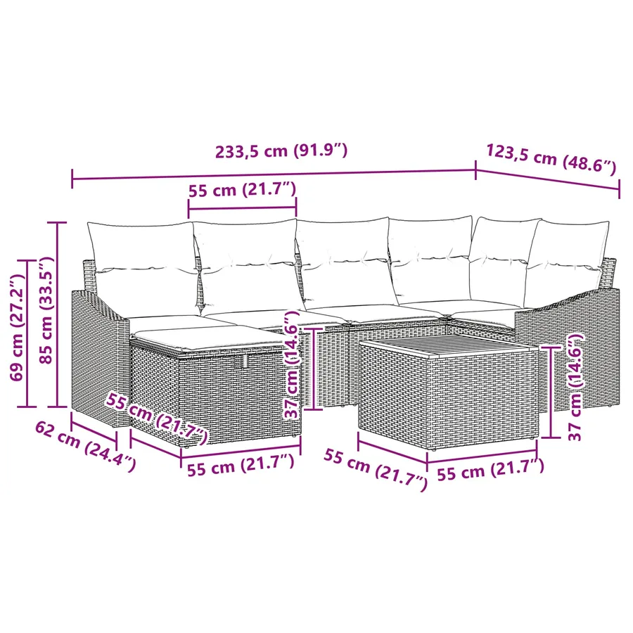 Ensemble de canapé de jardin avec coussin 7 pcs Gris Poly rotin - 15