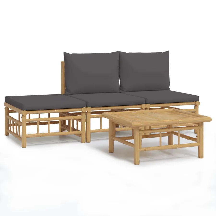 Salon de jardin 4 pcs avec coussins gris foncé bambou - 2