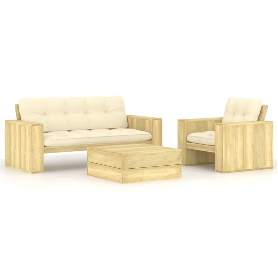 Salon de jardin 3 pcs avec coussins bois de pin imprégné