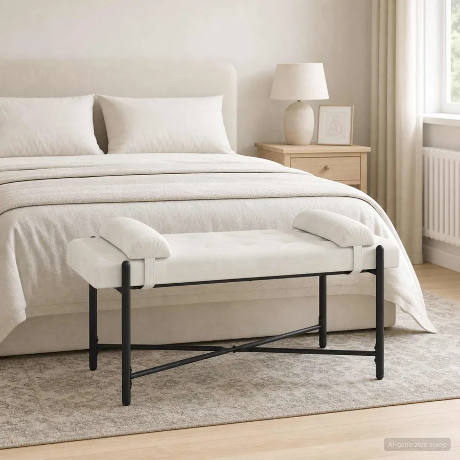 Banc capitonné à boutons avec coussins Crème 110 x 40 x 46 cm