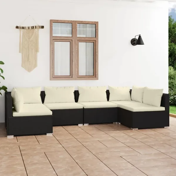 Salon de jardin 6 pcs avec coussins Résine tressée Noir