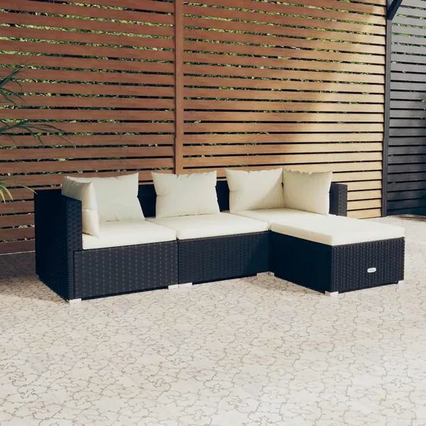 Salon de jardin 4 pcs avec coussins Résine tressée Noir