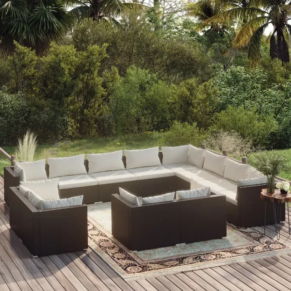Salon de jardin 12 pcs avec coussins Noir Résine tressée