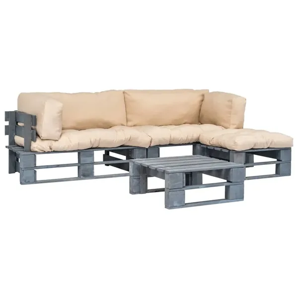 Salon palette de jardin 4 pcs avec coussins sable bois