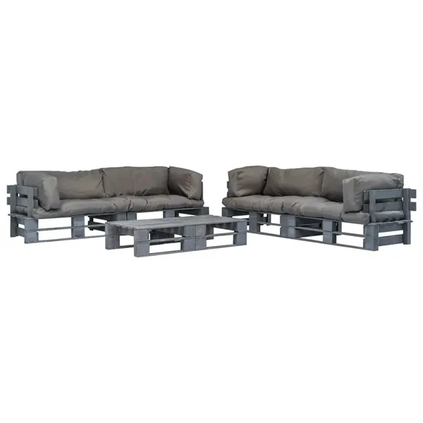 Salon palette de jardin 6 pcs avec coussins gris bois