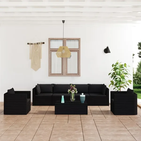 Salon de jardin 7 pcs avec coussins Résine tressée Noir