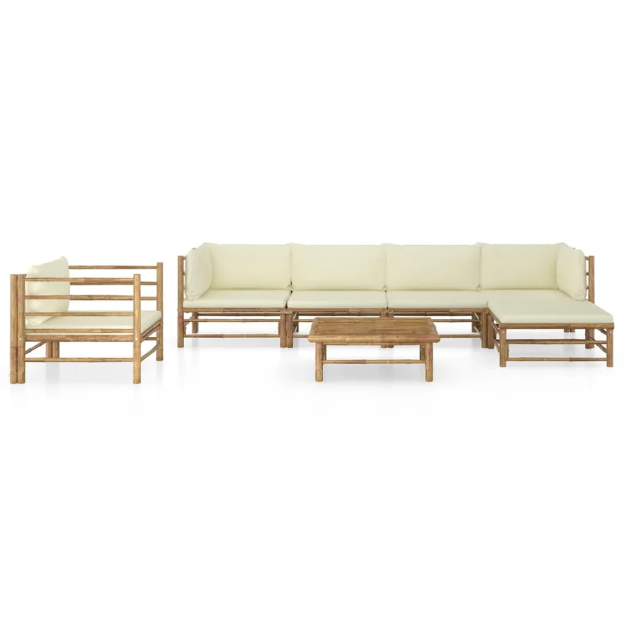 Salon de jardin 7 pcs avec coussins blanc crème bambou - 2