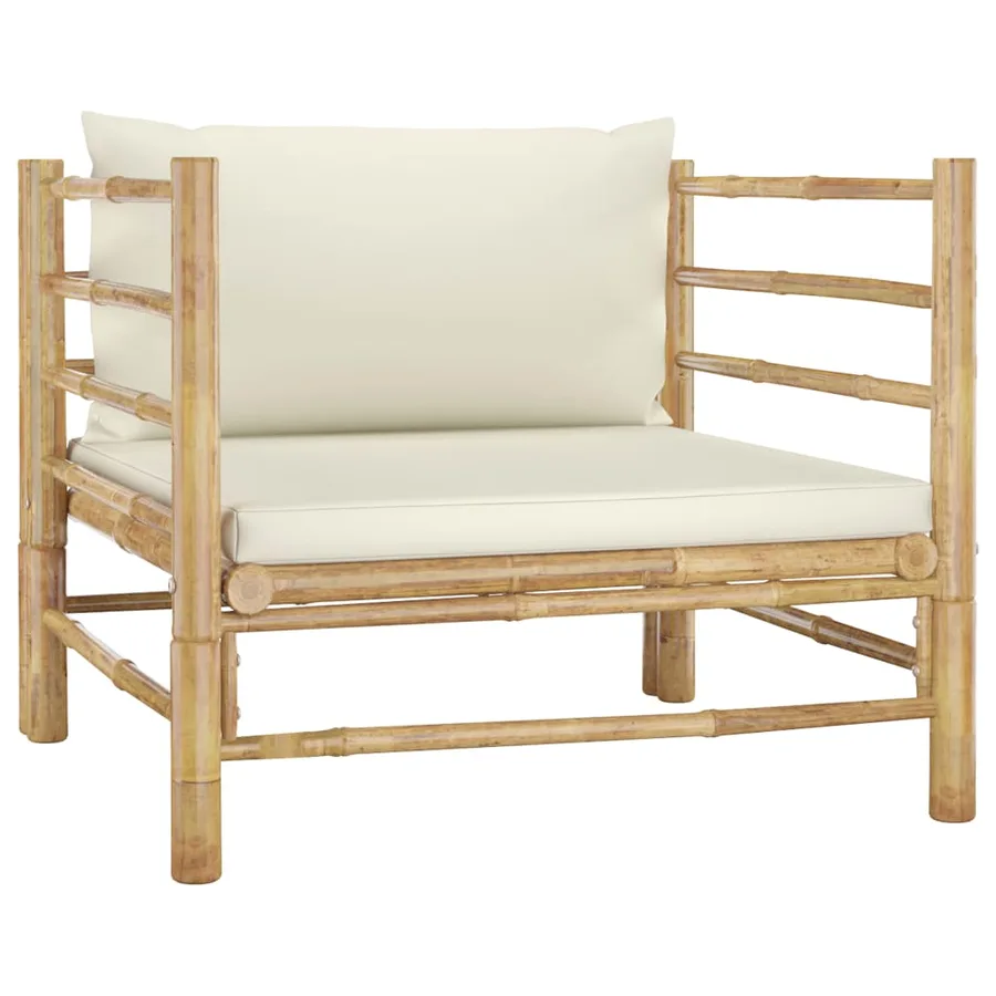 Salon de jardin 7 pcs avec coussins blanc crème bambou - 9