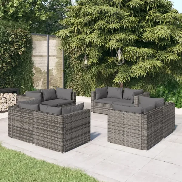 Salon de jardin 8 pcs avec coussins Résine tressée Gris
