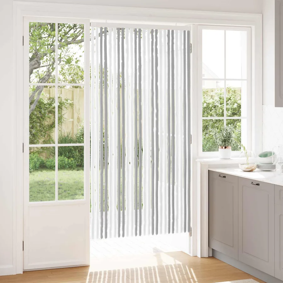 Rideau anti-insectes en chenille Gris clair et blanc