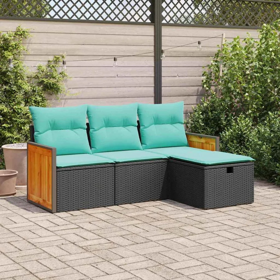Salon de jardin 4 pcs avec coussins noir résine tressée