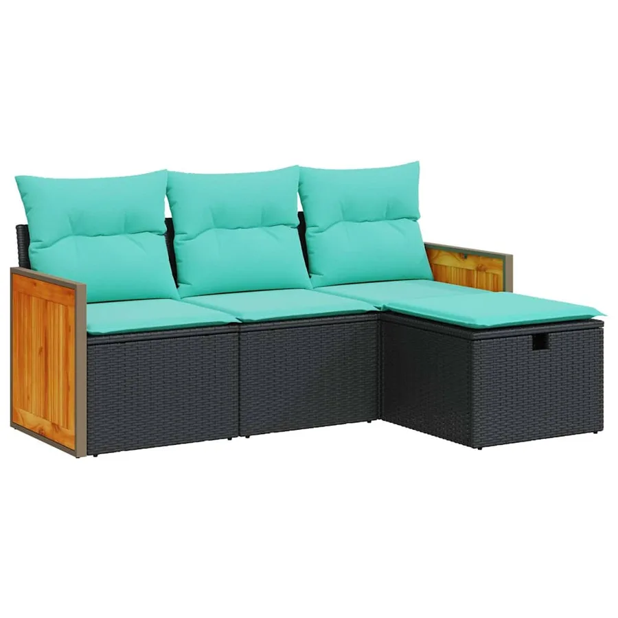 Salon de jardin 4 pcs avec coussins noir résine tressée - 2