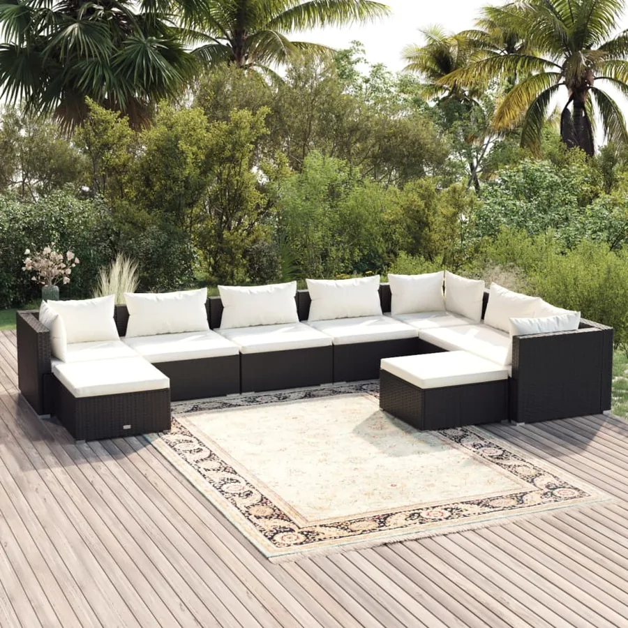 Salon de jardin 9 pcs avec coussins Résine tressée Noir