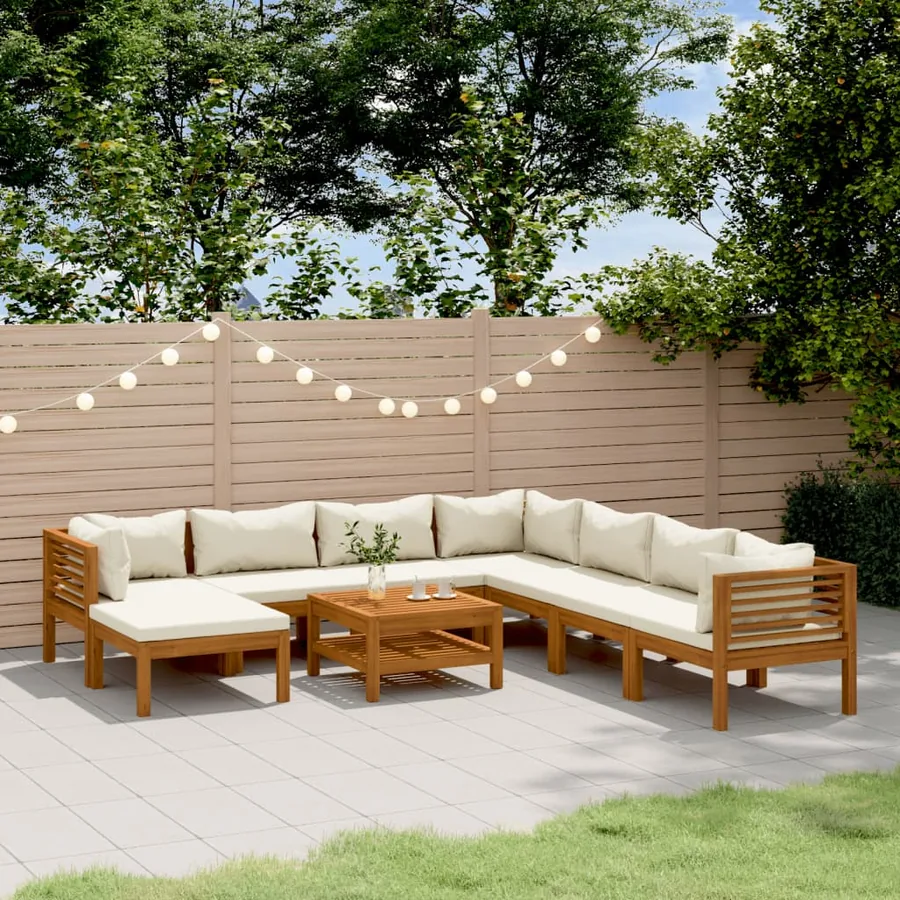 Salon de jardin 9 pcs avec coussin crème Bois d'acacia solide