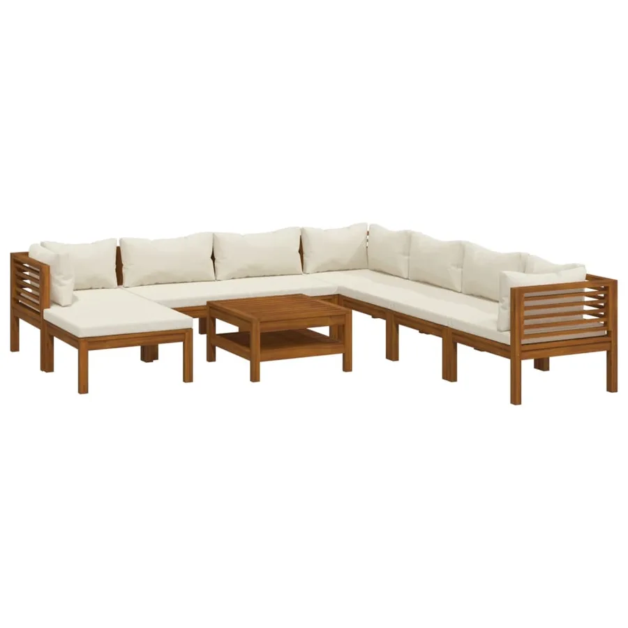 Salon de jardin 9 pcs avec coussin crème Bois d'acacia solide - 2