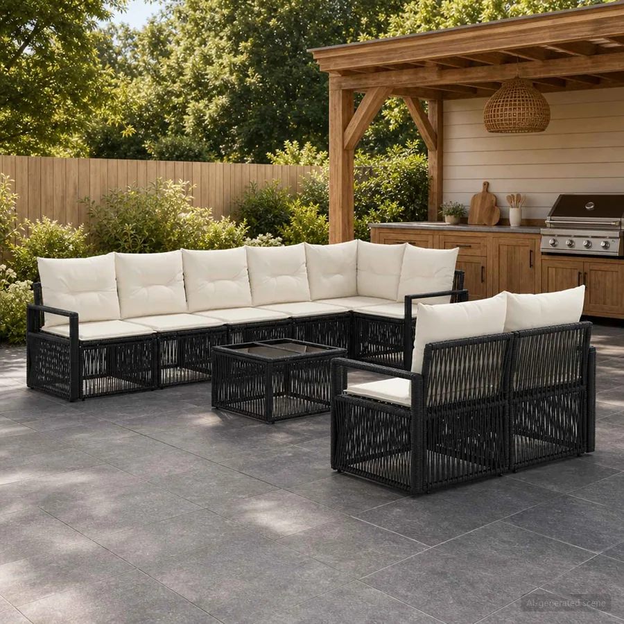 Ensemble de canapé de jardin 9 pcs Noir polyrotin