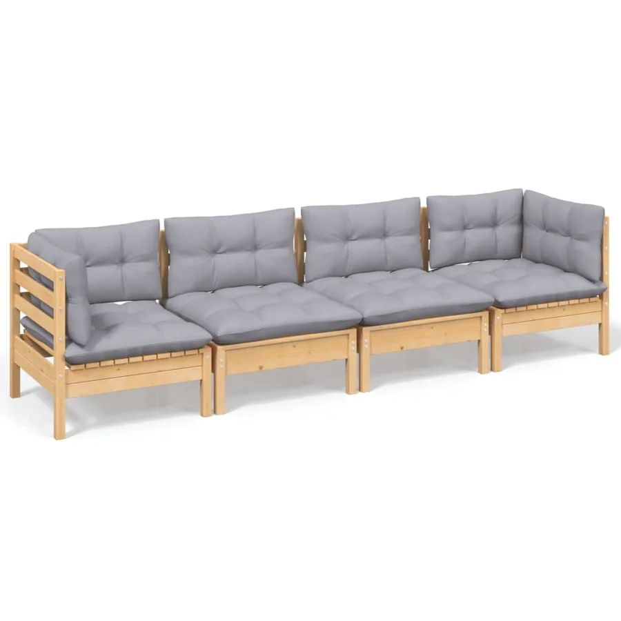 Salon de jardin 4 pcs avec coussins gris Bois de pin massif - 2