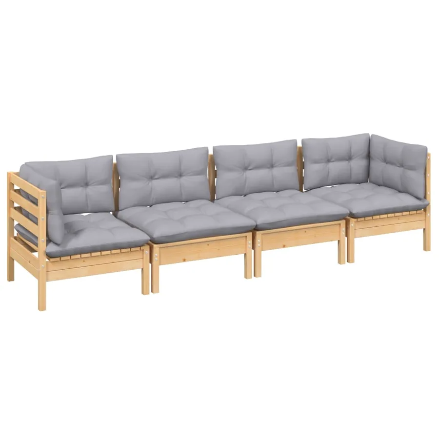 Salon de jardin 4 pcs avec coussins gris Bois de pin massif - 3