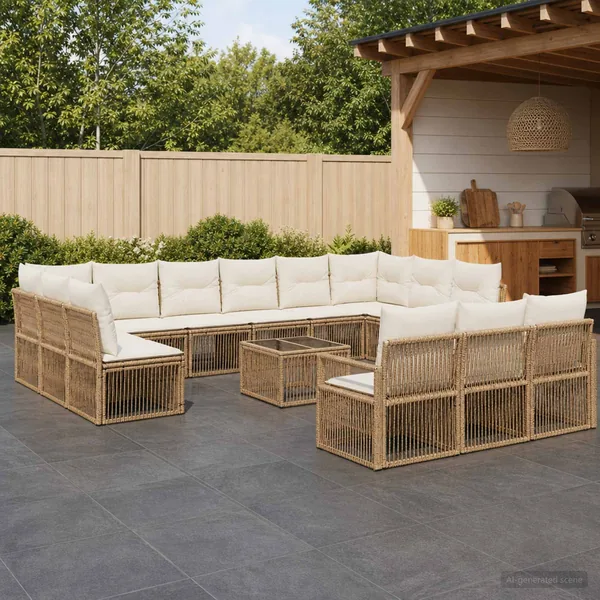 Ensemble de canapé de jardin 14 pcs Beige polyrotin