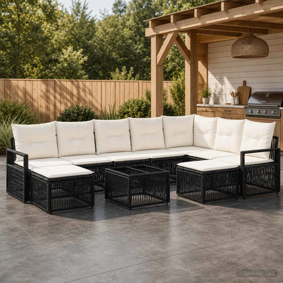 Ensemble de canapé de jardin 10 pcs Noir polyrotin - 3