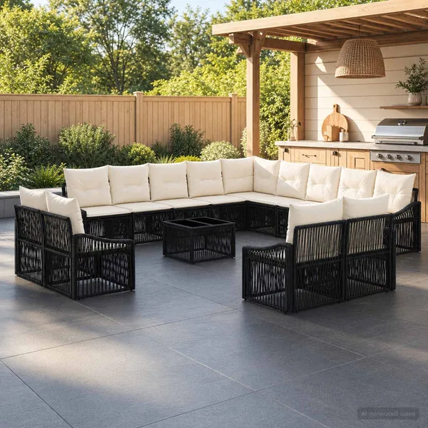 Ensemble de canapé de jardin 14 pcs Noir polyrotin
