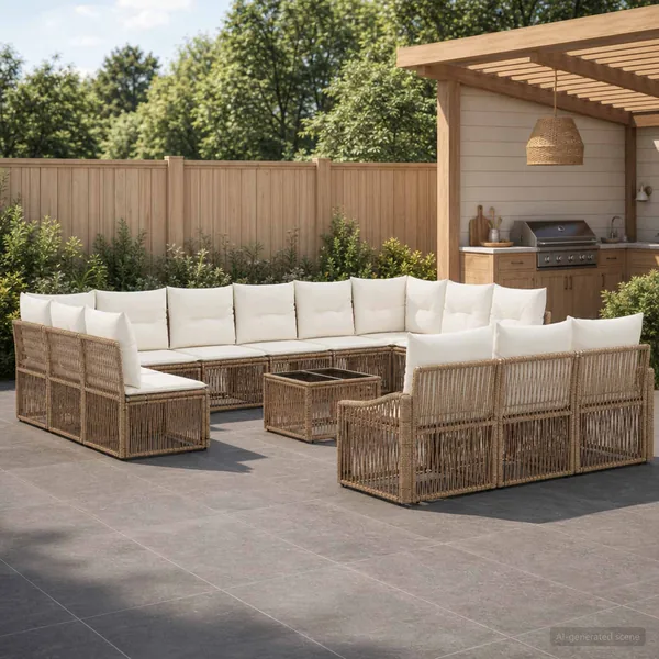Ensemble de canapé de jardin 14 pcs Beige polyrotin