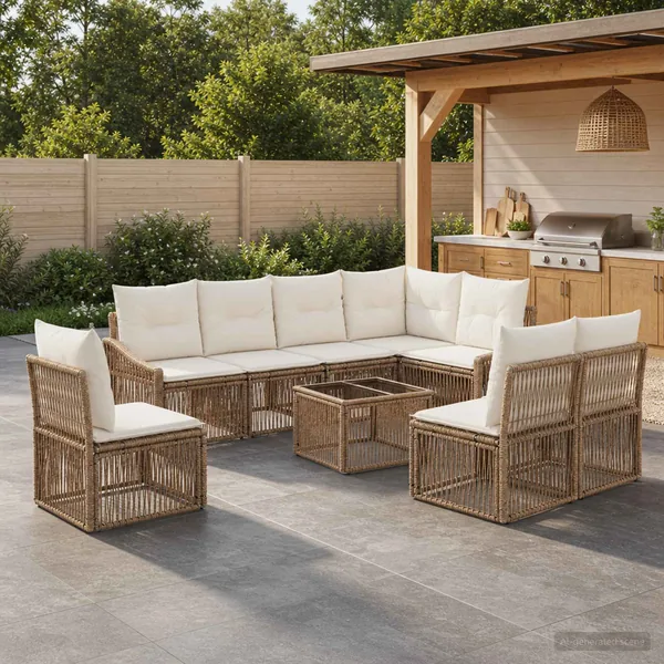 Ensemble de canapé de jardin 9 pcs Beige polyrotin