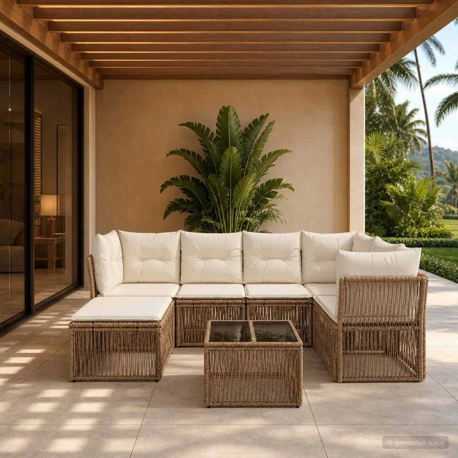 Ensemble de canapé de jardin 7 pcs Beige polyrotin