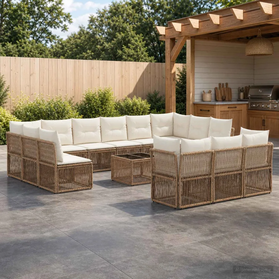 Ensemble de canapé de jardin 14 pcs Beige polyrotin