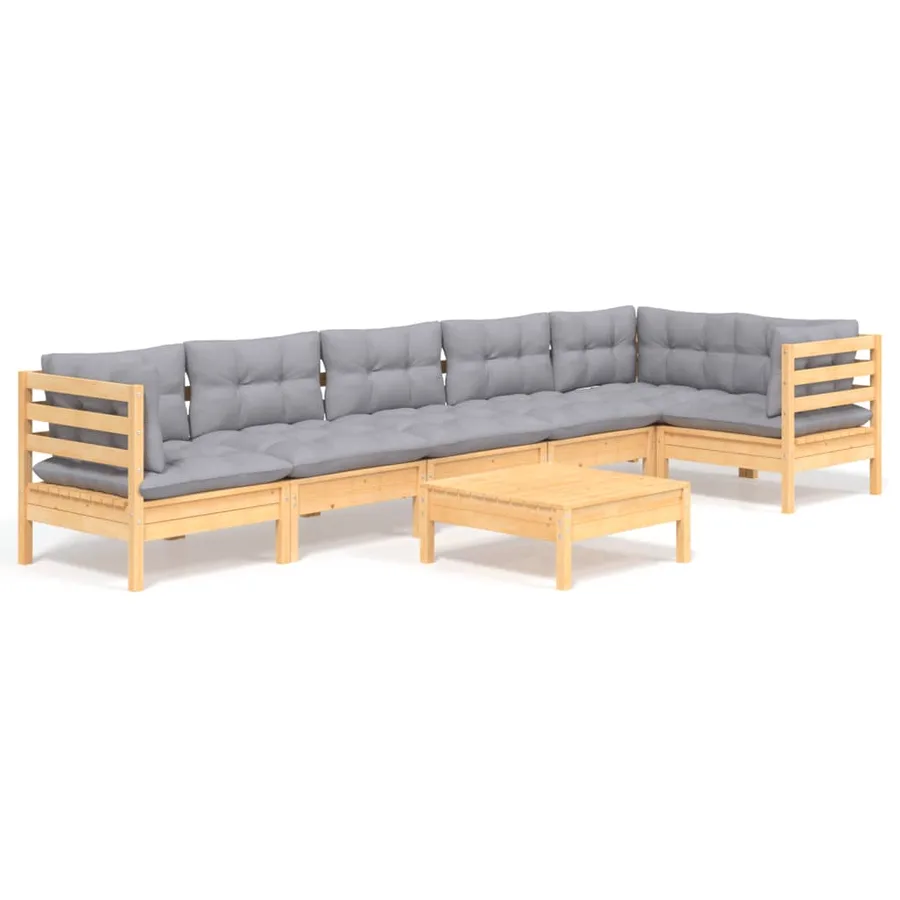 Salon de jardin 7 pcs avec coussins gris bois de pin - 2