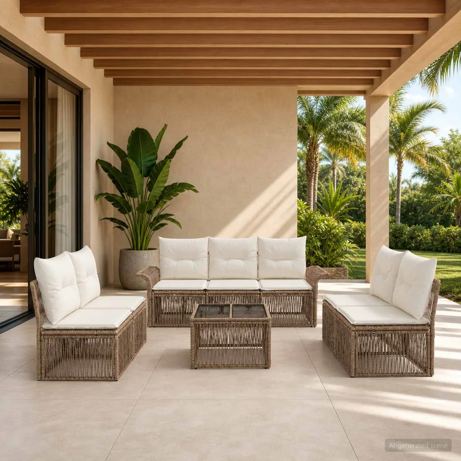Ensemble de canapé de jardin 8 pcs Beige polyrotin