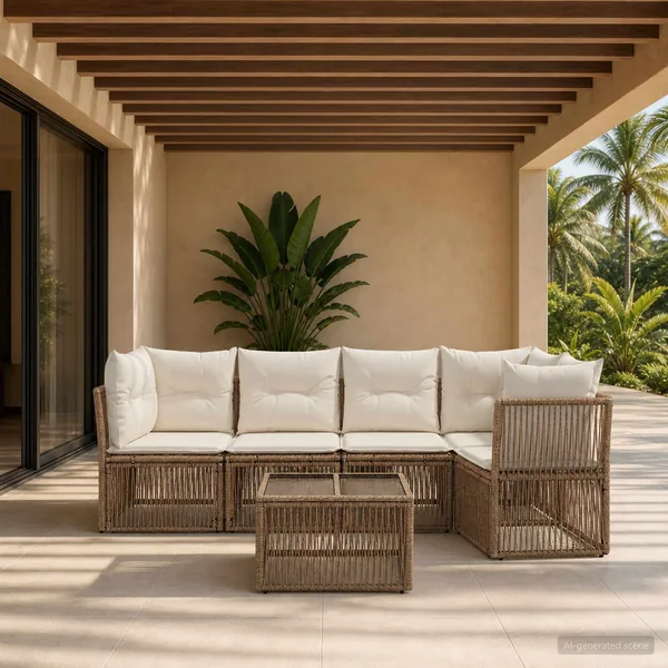 Ensemble de canapé de jardin 6 pcs Beige polyrotin