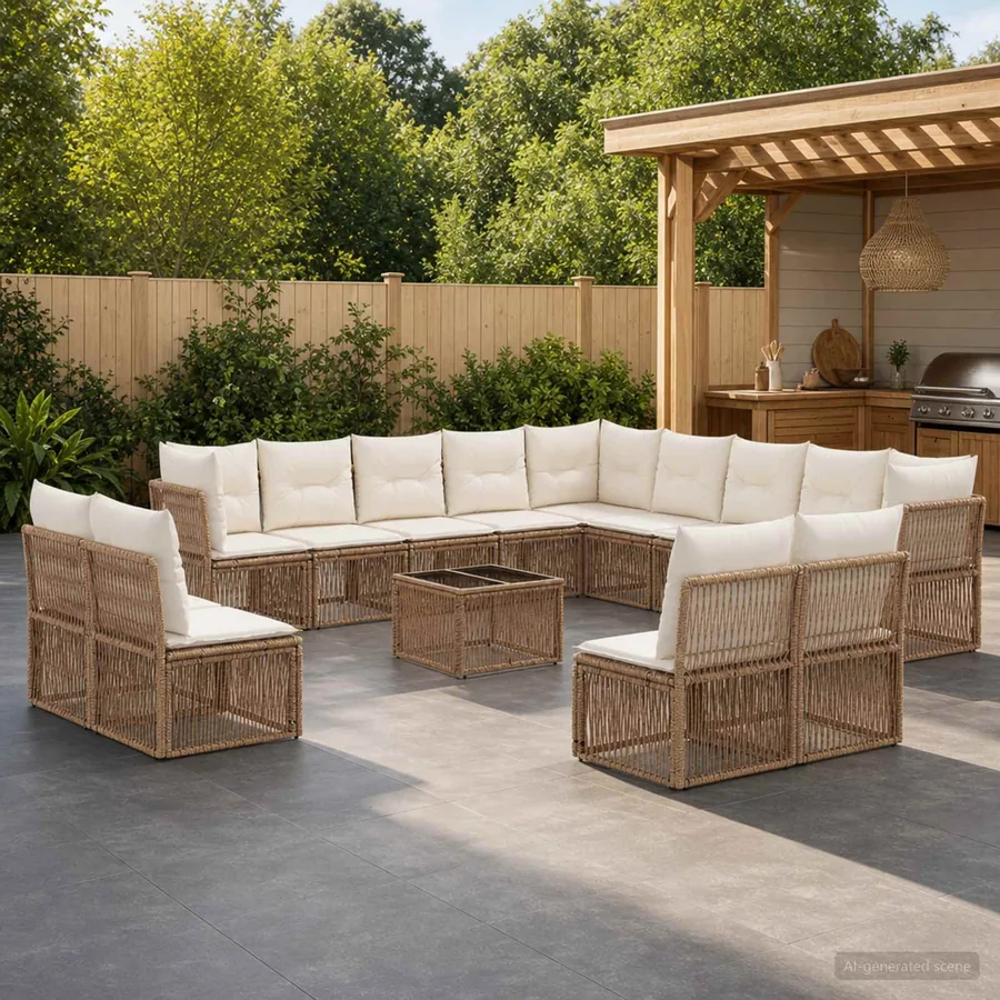 Ensemble de canapé de jardin 14 pcs Beige polyrotin