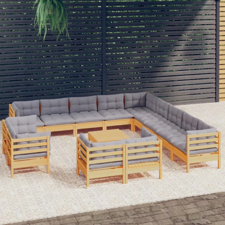 Salon de jardin 14 pcs avec coussins gris Bois de pin solide