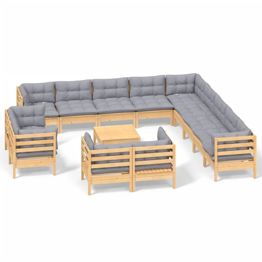 Salon de jardin 14 pcs avec coussins gris Bois de pin solide - 2